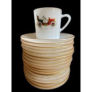 1970s Arcopal coffee cups (14) and saucers (17). Expresso cups w/vintage cars
